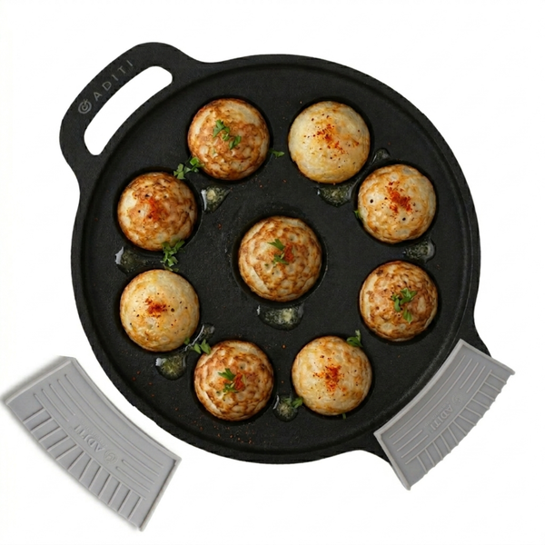 Aditi Kitchenware Cast Iron Appam Pan | 9 Pits | 2.5 kg | Pre-Seasoned | Induction & Gas Compatible
