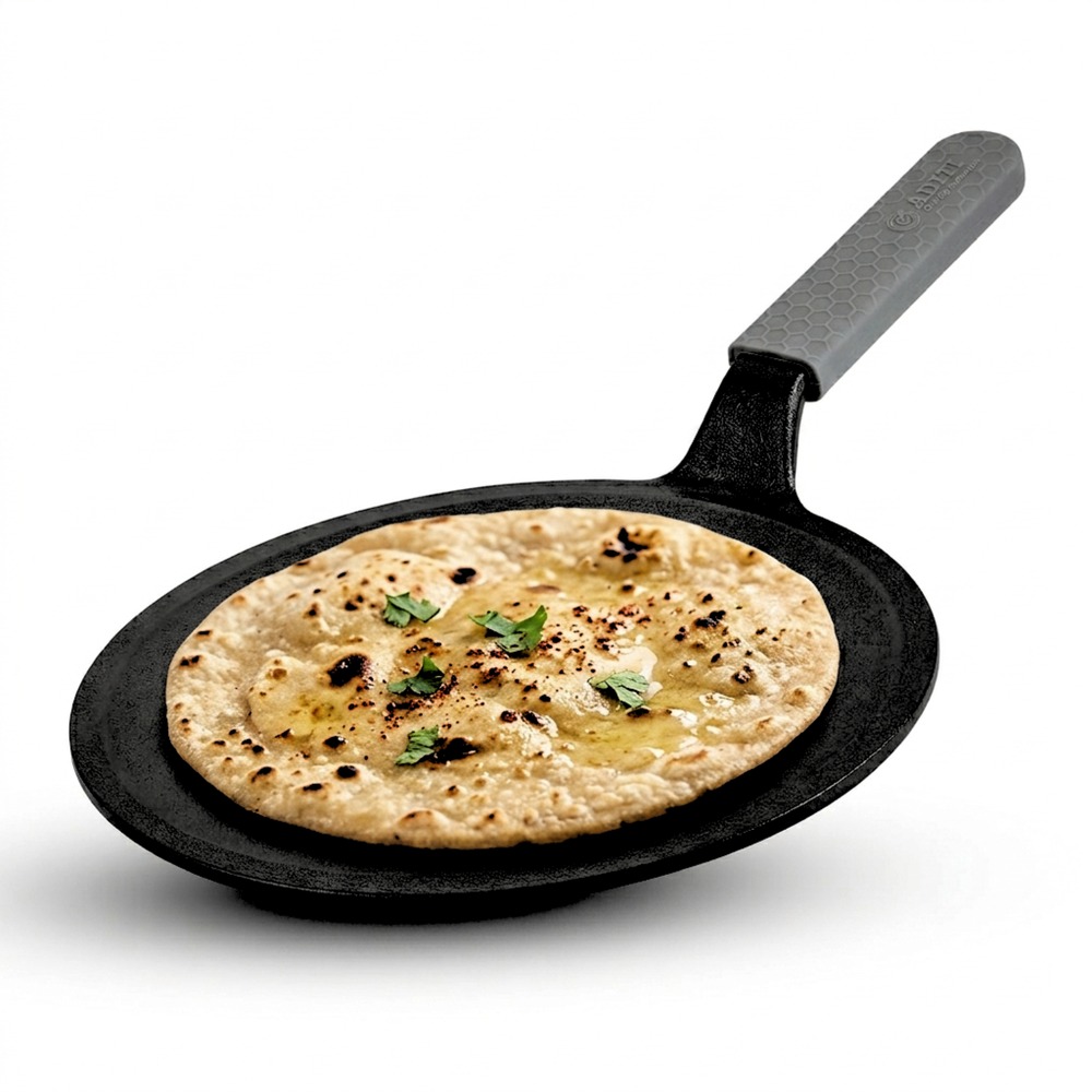 Aditi Kitchenware 9-inch Cast Iron Roti Tawa | Pre-Seasoned Tawa with Silicone Sleeve | Non-Stick, Induction Friendly & Toxin-Free