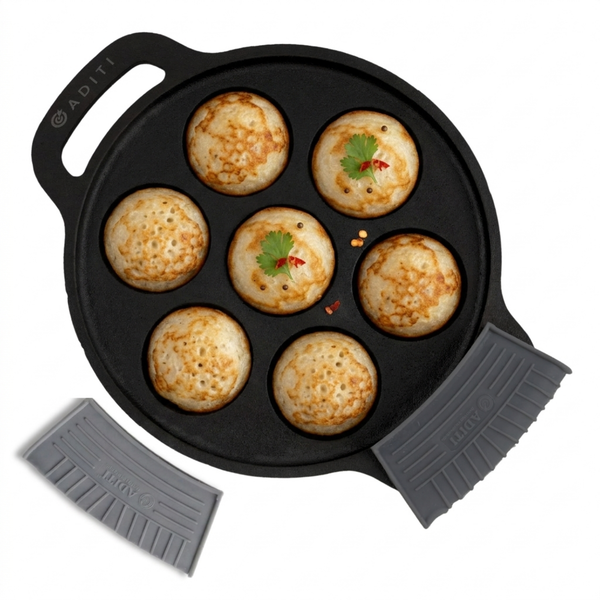 Aditi Kitchenware Cast Iron Appam Pan | 7 Pits | 1.6 kg | Pre-Seasoned | Easy Cooking & Cleaning