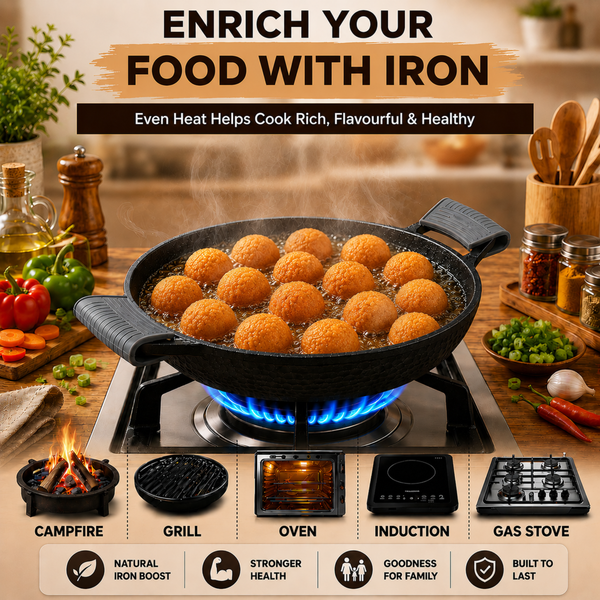Aditi Kitchenware 12-inch Cast Iron Kadhai | Naturally Non-Stick & Toxin-Free Cookware | Gas & Induction Compatible