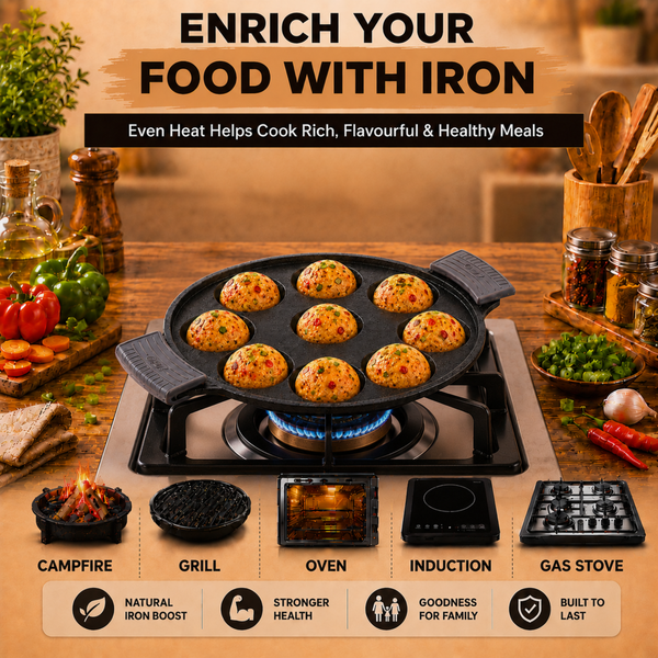 Aditi Kitchenware Cast Iron Appam Pan | 9 Pits | 2.5 kg | Pre-Seasoned | Induction & Gas Compatible