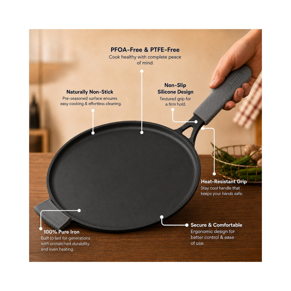 Aditi Kitchenware 11-inch Cast Iron Dosa Tawa with Long Handle | Pre-Seasoned | Induction & Gas Compatible