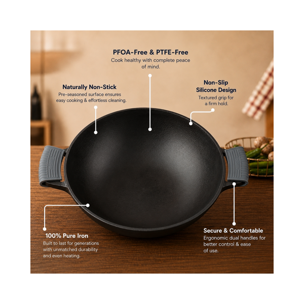 Aditi Kitchenware 10-inch Cast Iron Kadhai | Naturally Non-Stick & Toxin-Free Cookware | Gas & Induction Compatible