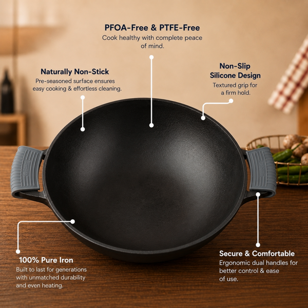 Aditi Kitchenware 8-inch Cast Iron Kadhai | Naturally Non-Stick & Toxin-Free Cookware | Gas & Induction Compatible