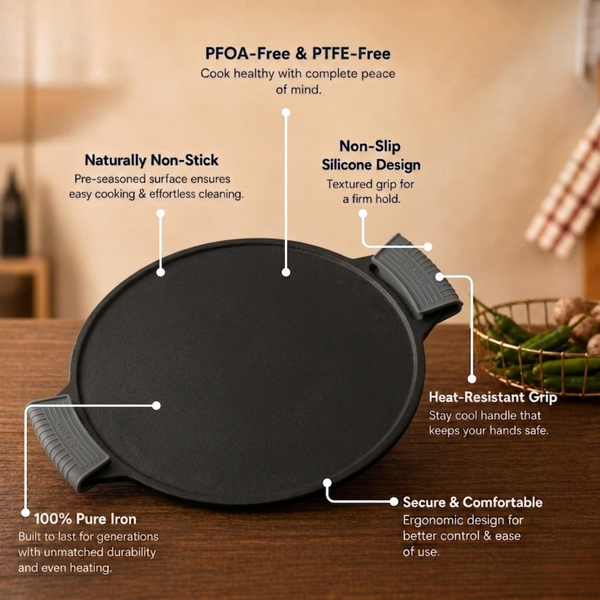 Aditi Kitchenware 12-inch Cast Iron Smooth Tawa | with Silicone Sleeve | Pre-seasoned Nonstick | Induction Compatible