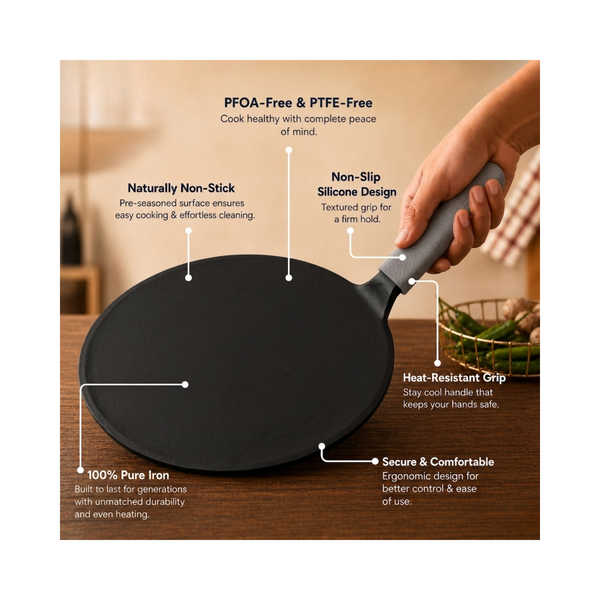 Aditi Kitchenware 10-inch Cast Iron Roti Tawa | Pre-Seasoned Tawa with Silicone Sleeve | Non-Stick, Induction Friendly & Toxin-Free