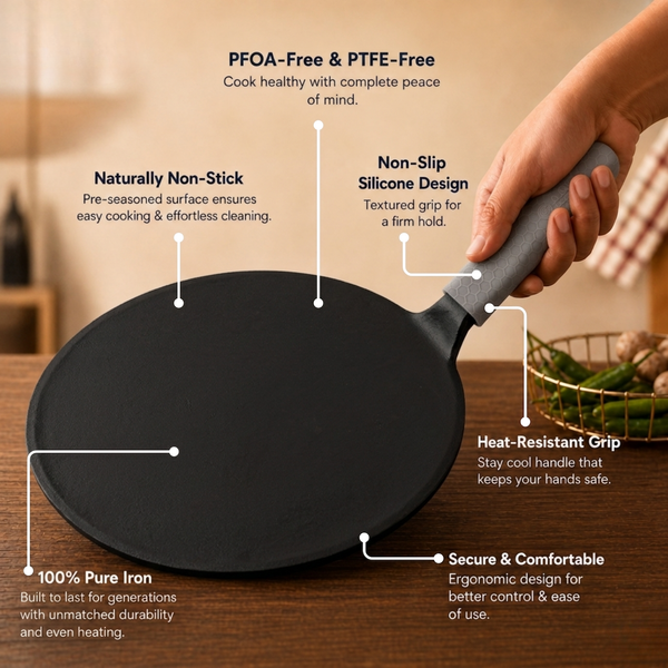 Aditi Kitchenware 9-inch Cast Iron Roti Tawa | Pre-Seasoned Tawa with Silicone Sleeve | Non-Stick, Induction Friendly & Toxin-Free