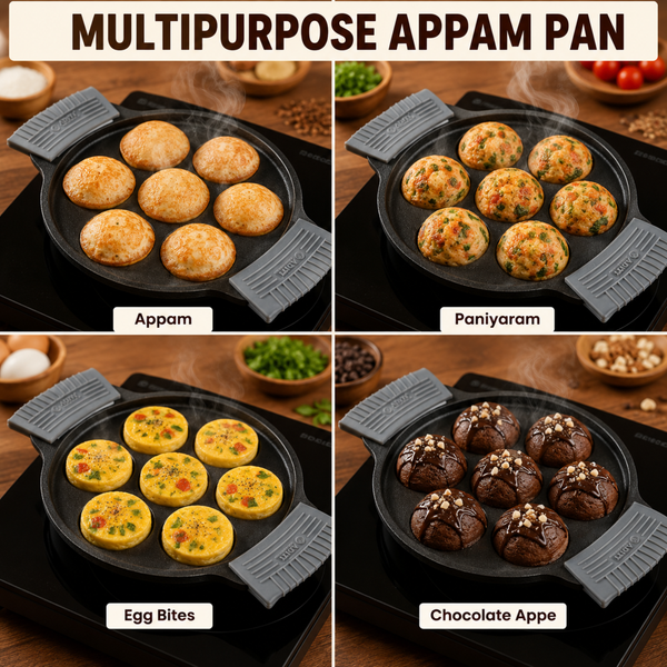 Aditi Kitchenware Cast Iron Appam Pan | 7 Pits | 1.6 kg | Pre-Seasoned | Easy Cooking & Cleaning