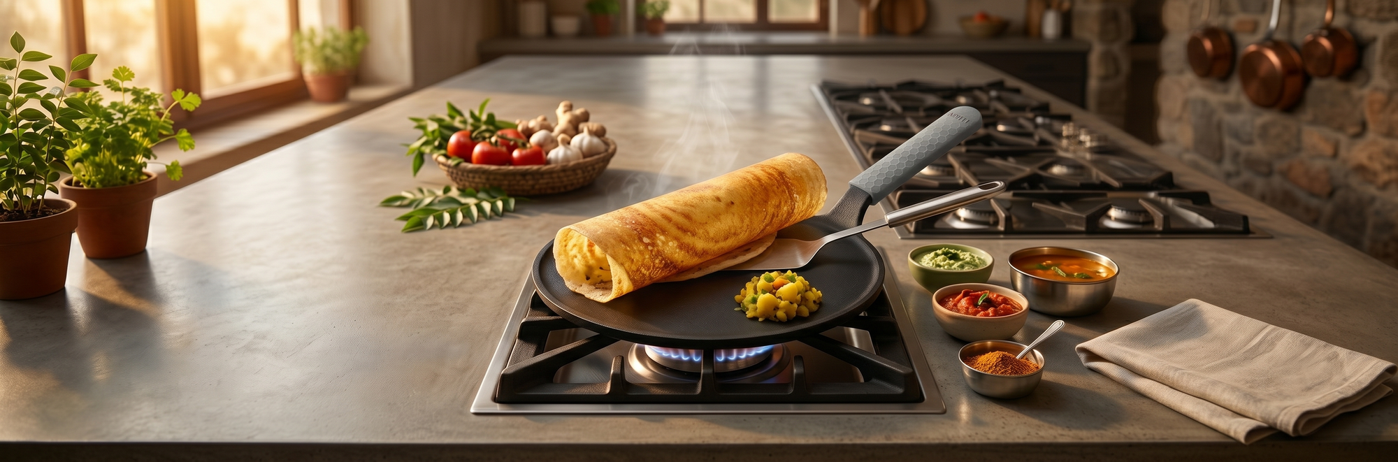 Aditi Kitchenware 10-inch Cast Iron Roti Tawa | Pre-Seasoned Tawa with Silicone Sleeve | Non-Stick, Induction Friendly & Toxin-Free