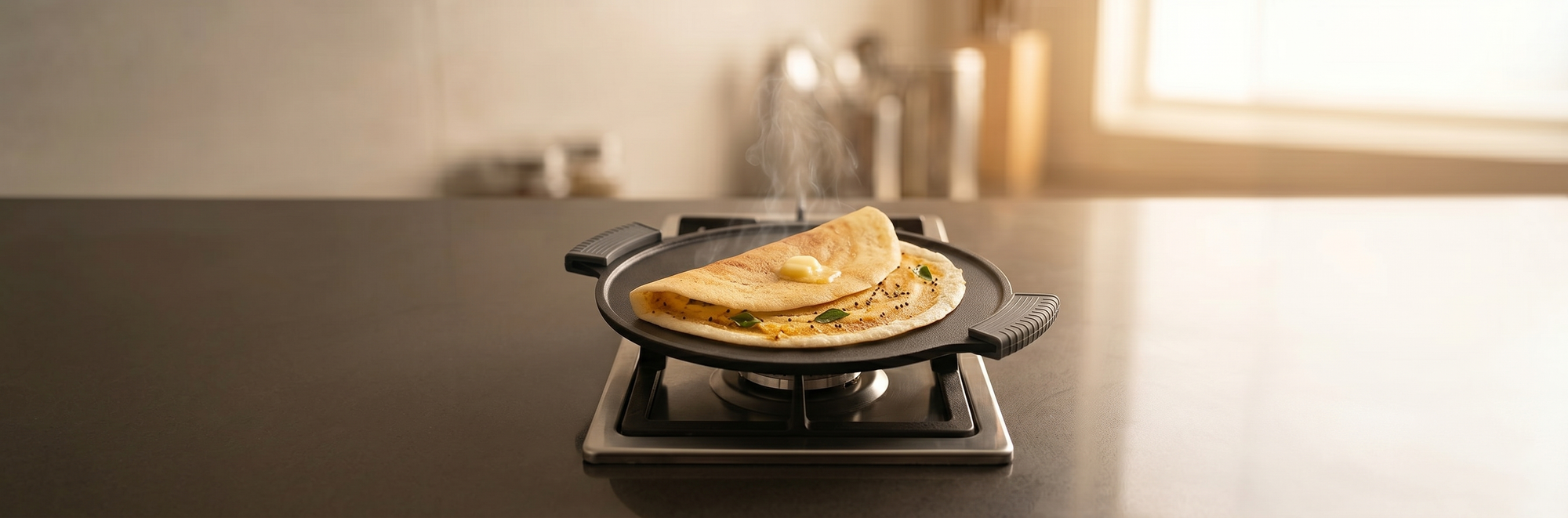 Aditi Kitchenware 12-inch Cast Iron Smooth Tawa | with Silicone Sleeve | Pre-seasoned Nonstick | Induction Compatible